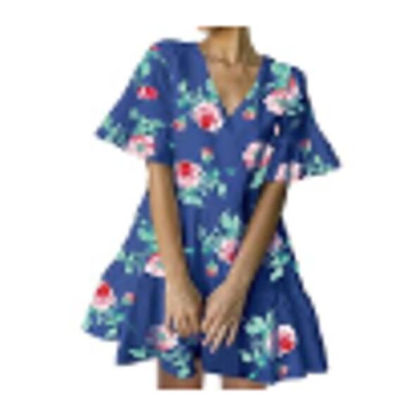 FANCYINN Sz XL V Neck Shift Dress Pockets Bell Sleeve Ruffle Hem Swing Summer - Picture 1 of 6